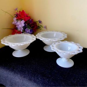 Vintage milkglass pedestal bowls with lace/scalloped edges. Set of three (3)